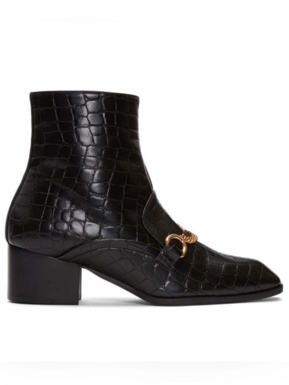 STELLA MCCARTNEY Black Croc-Embossed Leather Ankle Boots w/ Gold Chain Detail